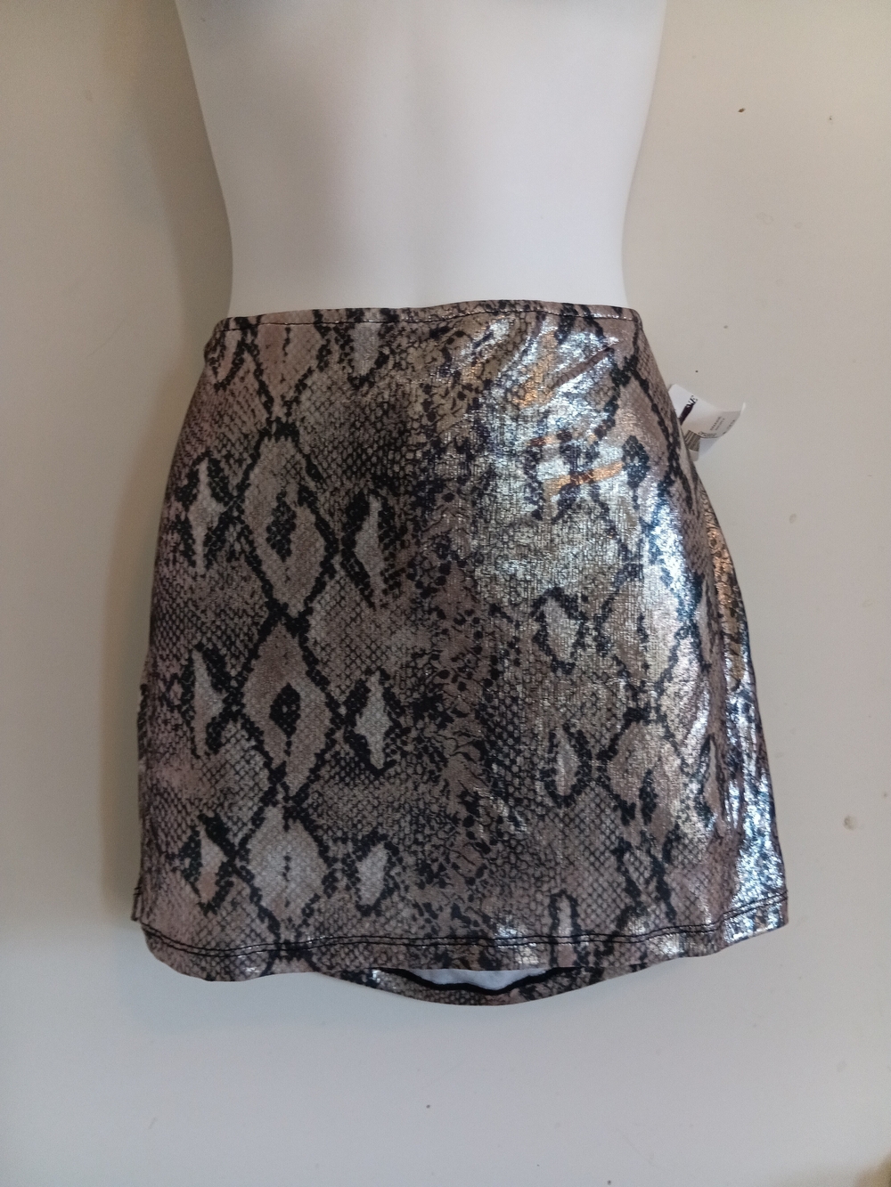 Metallic Snake-Print Mini Skirt in Taupe/Black